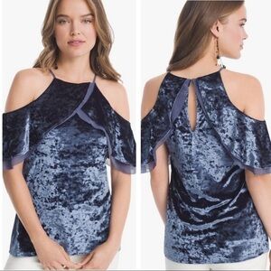 WHBM Blue Cold Shoulder Crushed Velvet Flounce Top Sz S